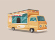 Retro street food van. Vintage food and drink truck. Cartoon vector illustration.