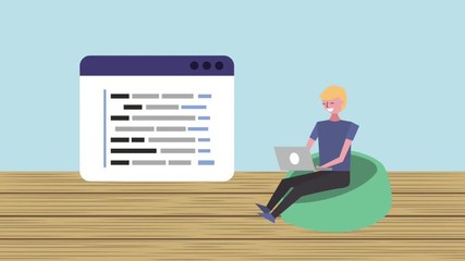 young boy sitting studying website in laptop learning animation