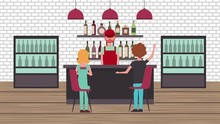 Customers In Bar Shop Bartender Coolers Shelves Liquor Animation Hd