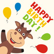 Happy birthday! Greeting card with funny bull and balloons in cartoon style.