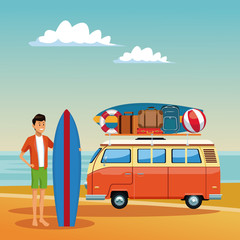 Poster - Young man with surf van at beach vector illustration graphic design