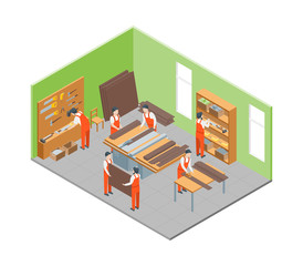 Sticker - Furniture Makers at Work and Interior with Elements Isometric View. Vector