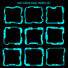 Poster - HUD Futuristic User Screen Basic Elements Set. Abstract Virtual Control Panel Layout Texture On Geometrics Hexagon Pattern Concept Design Illustration.