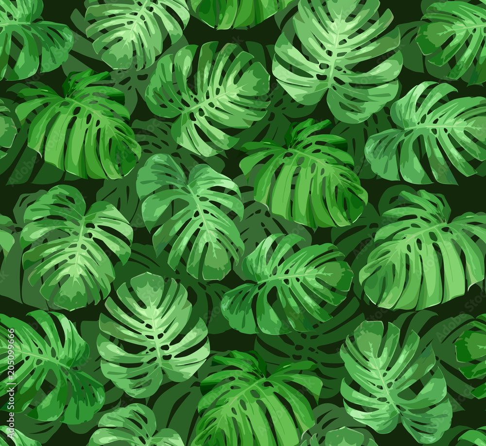 Tropical seamless pattern with green monstera leaves. Tropical vector  background for print or textile. Stock Vector | Adobe Stock
