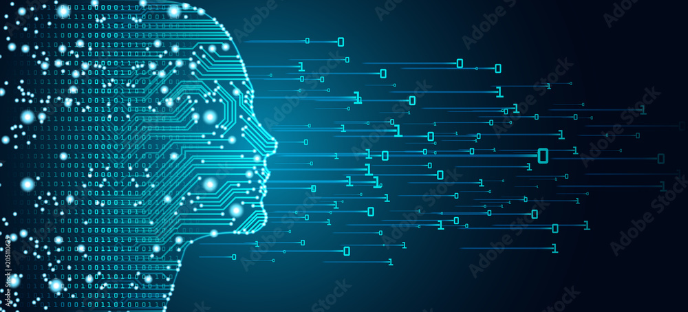 Big data and artificial intelligence concept. Machine learning and cyber mind domination concept in form of women face outline outline with circuit board and binary data flow on blue background. - obrazy, fototapety, plakaty 