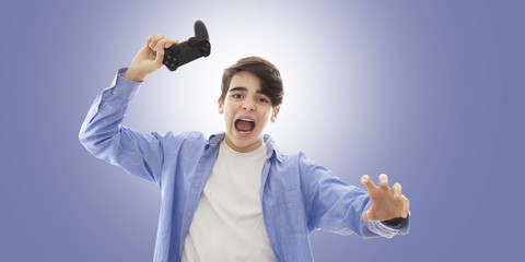 Wall Mural - young man with console command playing video games