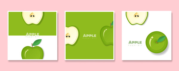 Wall Mural - Set of fruit banners with green apple in paper art style , vector , illustration