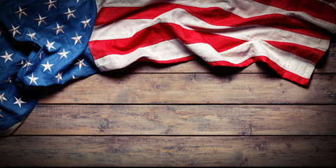 Wall Mural - American Flag On Wooden Table - Grunge Textures

