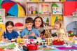 © Gennadiy Poznyakov - Painting projects for kids in playroom organization of children painting and drawing in kid's club. Craft lesson in primary school. Kindergarten teacher and students work together. Features of working