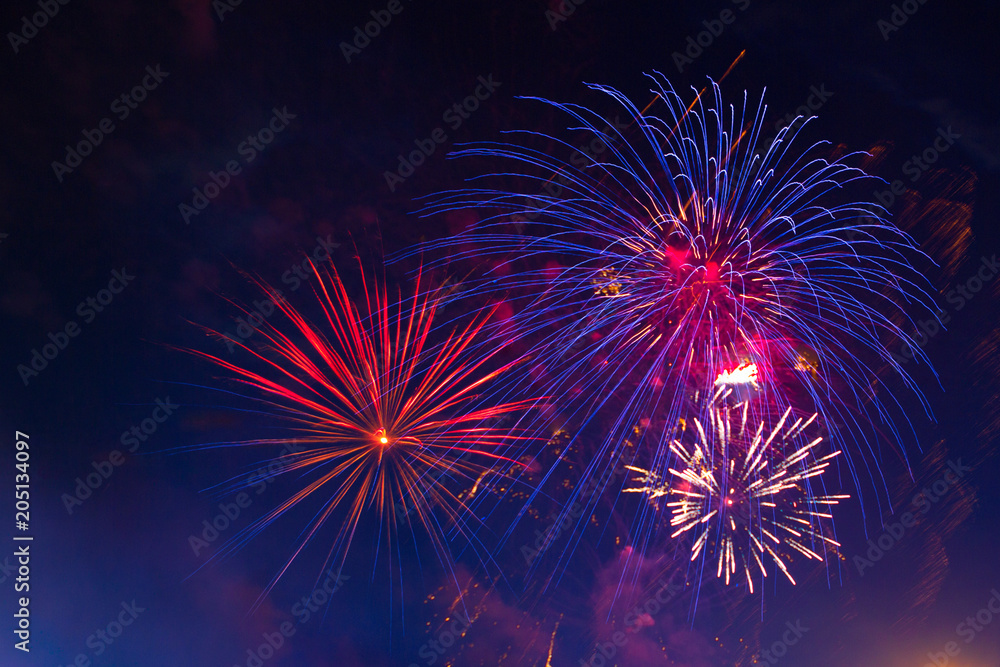 Celebration multicolored fireworks, copy space. 4 of July, 4th of July, Independence Day beautiful fireworks
