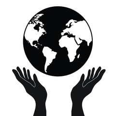 protecting or control hands holding globe planet earth with continets, simple black vector icon, glo