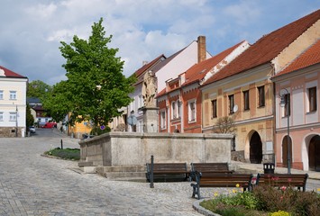 Wall Mural - Square with fountain in the historic town Vimperk, southern Bohemia, Czech republic, Europe,