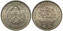 Germany, German Coin Five Mark 1927, Weimar Republic, Eagle Without Crowns, Oak Leaves And Acorns At Sides, Oak Tree With Roots, Circular Inscription In German Unity And Justice And Freedom, Silver
