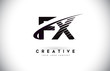 FX F X Letter Logo Design with Swoosh and Black Lines.
