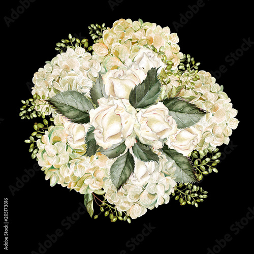 A beautiful watercolor bouquet with hudrangea and roses.