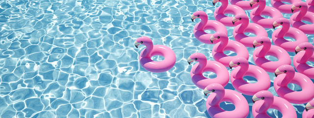 3d rendering. a lot of flamingo floats in a pool