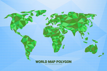 Poster - Green Monotone World map polygon on Blue background: concept of digital world, Futuristic world