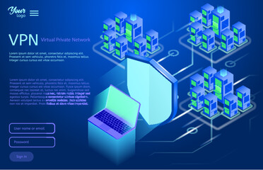Secure VPN connection concept. Isometric vector illustration in ultraviolet colors. Virtual private network connectivity overview.