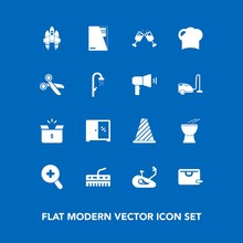 Modern, Simple Vector Icon Set On Blue Background With Cut, Sign, Tool, Traffic, Space, Document, Spaceship, Bicycle, Sale, Hat, Chef, Bag, Shower, Bike, Furniture, Interior, Cardboard, File,  Icons