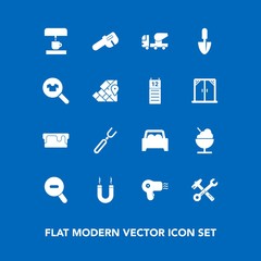 Modern, simple vector icon set on blue background with magnet, fashion, car, dryer, map, sweet, energy, magnetic, fork, restaurant, cake, coffee, hairdryer, food, woman, sign, concrete, pie, web icons