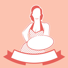 Retro Housewife Cook Wearing Polka Dot Dress Showing A Plate Or Tray And Blank Label For Your Text