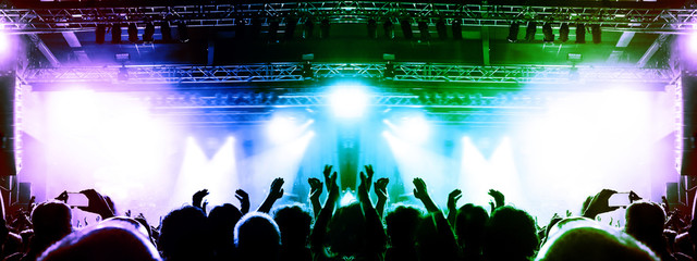 Wall Mural - Colourful gig with a lit stage and festive crowd.