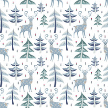 Decorative Seamless Pattern In Folk Style With Deer. Colorful Vector Background.