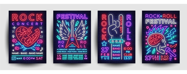 Wall Mural - Rock music concert poster collection vector. Design Template Rock Music Festival Flyers set, Neon Style, Neon Banner, Light Flyer, Concert Invitation, Rock Roll Music, Night Party Invitation. Vector