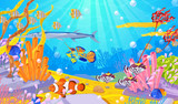 Fototapeta Do akwarium - Underwater marine life, vector cartoon illustration. Ocean or sea bottom with colorful fishes, coral reefs and seaweeds.