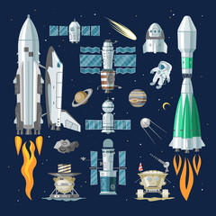 Rocket vector spaceship or spacecraft and satellite or lunar-rover illustration spacy set of spaced ship in universe space with planets isolated on background