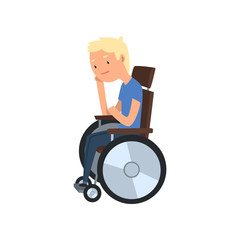 Sticker - Young disabled man sitting in wheelchair vector Illustration on a white background