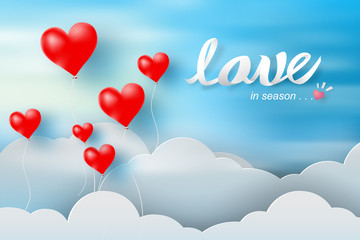 paper art and craft of valentine day with balloon red heart  and cloud blue sky background,love,vector