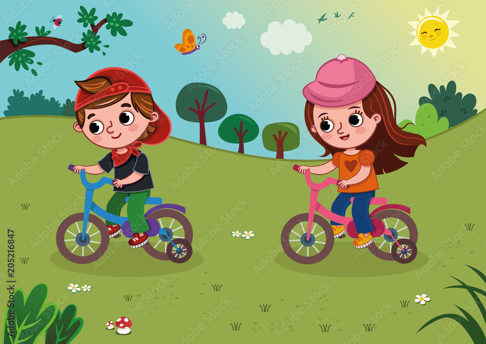 Vector illustration of two kids riding a bike in the nature. Stock ...