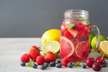 Summer Berry Lemonade With Lime And Mint In Mason Jar