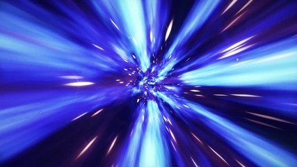 Wall Mural - Seamless loop of interstellar travel through a blue wormhole filled with stars. Space journey through time continuum. Warp in science fiction black hole vortex hyperspace tunnel. Slow version