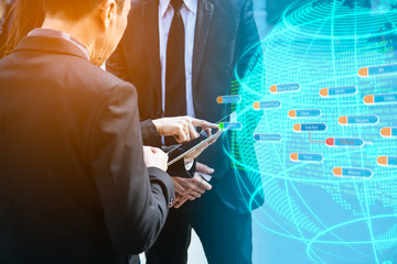 Business and technology concept.Block chain network and programming concept on virtual screen background.
