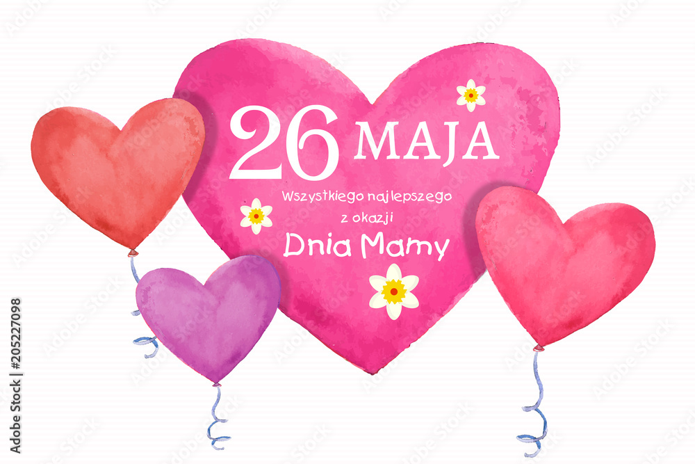 Dzień Matki 26 Maja - kartka z życzeniami oraz balonikami w kształcie serca - obrazy, fototapety, plakaty 