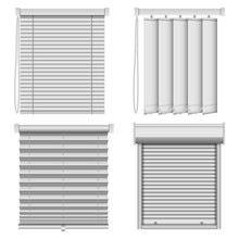 Blind Window Curtains Mockup Set. Realistic Illustration Of 4 Blind Window Curtains Mockups For Web