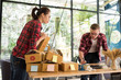 © I Believe I Can Fly - happy people working with laptop for check stock product business online office in home, online business