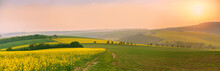 Old Windmill At Sunset. Spring Landscape. Moravia Fields Panorama