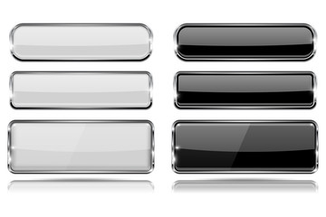 Black and white glass buttons with metal frame. Set of 3d icons
