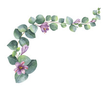 Watercolor Vector Wreath With Green Eucalyptus Leaves, Purple Flowers And Branches.