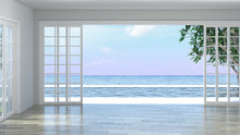 Luxury Empty Room Interior Villa With Wooden Floor, Aerial Sea View 3d Illustration Summer Holiday