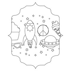 Sticker - arabic frame with rockets and spaceships pattern over white background, vector illustration