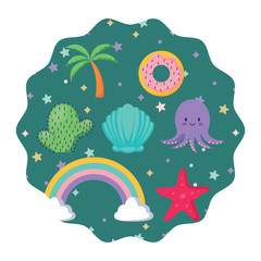 Wall Mural - circular frame with cute octopus and related icons pattern over white background, vector illustration