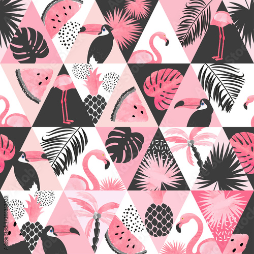 Seamless watercolor tropical pattern in patchwork style. Vector trendy backgr...