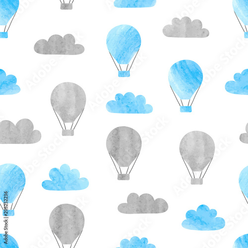 Seamless pattern with watercolor air balloons and clouds. Baby print, design ...