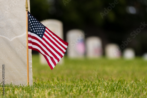 Fotografía Small American flags and headstones at National cemetary- Memorial Day display