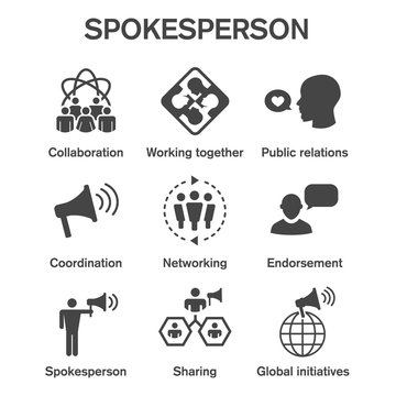 Spokesperson icon set - bullhorn, coordination, pr, and public relations person set