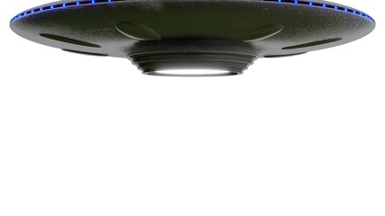 Wall Mural - ufo flying saucer on white background rotates down from top of screen. stops then rotates fly's up t